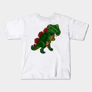 Dinosaur - green and orange dinosaur with sharp teeth fangs Kids T-Shirt